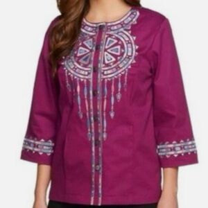 Bob Mackie Wearable Art Santa Fe Dream Aztec Buttons Jacket Plum Women Sz L EUC